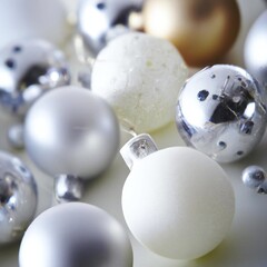 White, silver, and gold christmas tree baubles and decorations