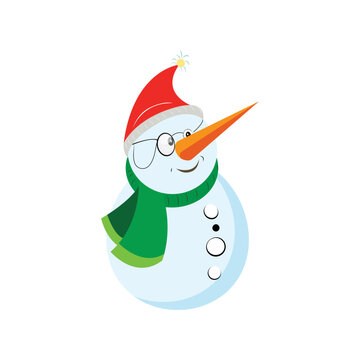 A cute happy Christmas snowman wearing a Santa hat and green scarf vector isolated on white background. Xmas vector. Perfect for coloring book, textiles, icon, web, painting, books, t-shirt print.