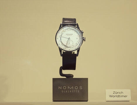 Nomos Glashutte Zurich, wristwatch with world time zones on the dial.Milan - Italy,15 October 2022