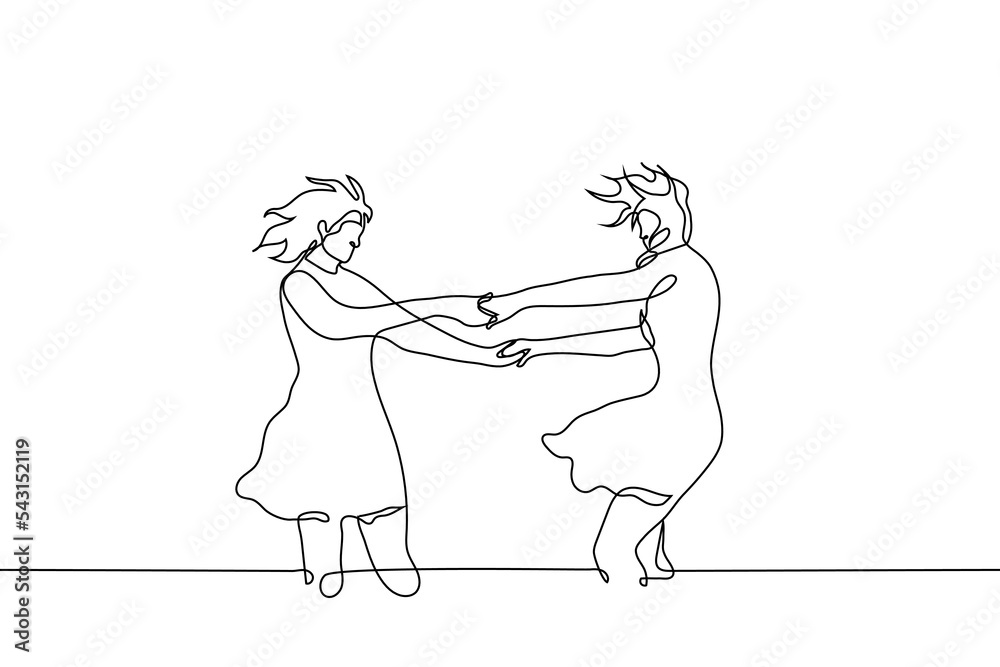 Wall mural two adult girls in dresses holding hands dancing in the wind - one line drawing vector. concept two 