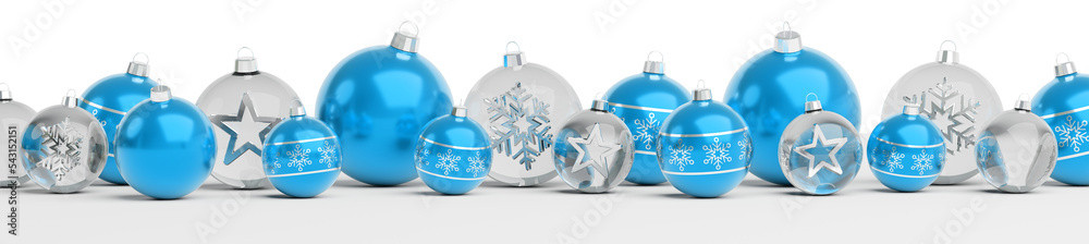 Wall mural isolated glossy christmas decoration lined up on white. 3d rendering blue shiny baubles ornaments. m