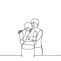 man sobbing covering his face with his hand from the back stroking and calming another man - one line drawing vector. concept comfort a loser or bereaved loved one, support a friend or family member