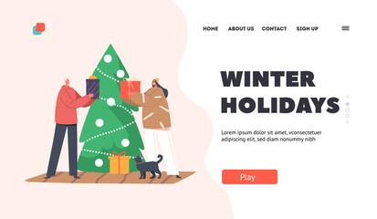 Winter Holidays Landing Page Template. Young Happy Couple Characters Romantic Xmas Celebration With Gifts