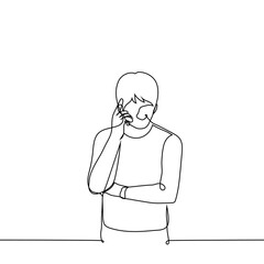 Obraz premium man stands and thinks hard raising his index finger up - one line drawing vector. concept to think of a solution to a problem or task