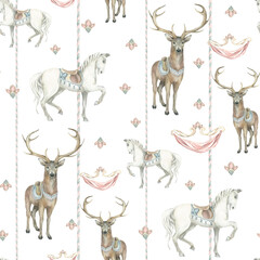 Horses and deer. Stripes. Pattern. Watercolor