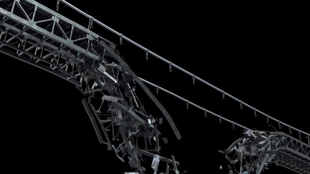 Realistically bridge model(with inner and outer walls, concrete parts, columns, floor levels and bricks) bridge collapsing with dust and debris drag and drop editing software supporting blending modes