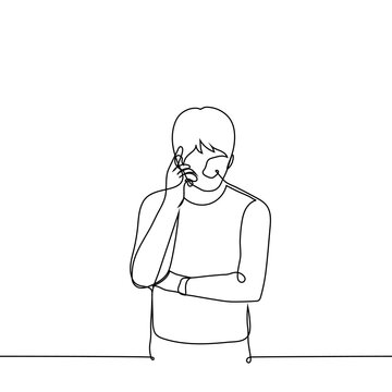 recommend clip art: man stands and thinks hard raising his index finger up - one line drawing vector. concept to think of a solution to a problem or task