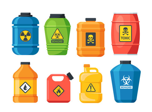 Set Of Dangerous Substances, Various Containers With Explosive Chemical Liquids, Flammable Toxic Gases, Toxins
