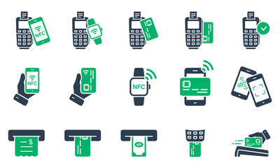 Pay Transaction by Mobile Phone, Smart Watch, Credit Card on POS Silhouette Icon Set. NFC Cashless Wireless Payment Technology Glyph Pictogram. ATM Money Withdraw Icon. Isolated Vector Illustration