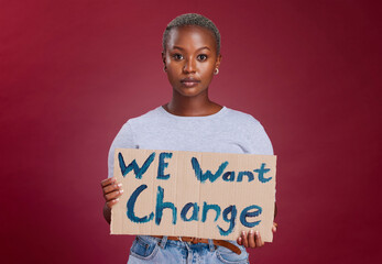 Black woman, protest and billboard message for change, text or voice against mockup studio...