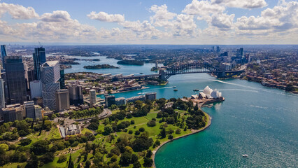 Fototapeta premium Aerial view of Sydney Harbour, NSW, Australia looking from the east showing Sydney Harbour Bridge 