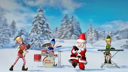 Funny Santa Claus and elfs play musical instruments in the Christmas winter town. The concept of Christmas and New Year. 3d rendering Christmas animation.
