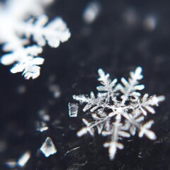 closeup macro shot of snowflakes on a black bakground
