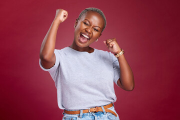 Celebration, black woman and excited person showing happiness and winner feeling. Winning...