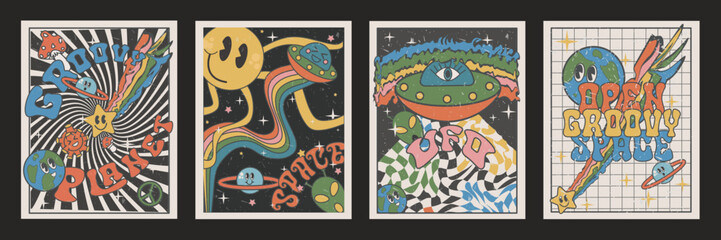groovy posters of the 90s. Cartoon psychedelic style. Bright hippie and retro elements. UFO, sun rays, space, bad trip. Vector collection of banners