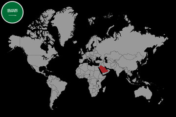 Pin map with Saudi Arabia flag on world map. Vector illustration.