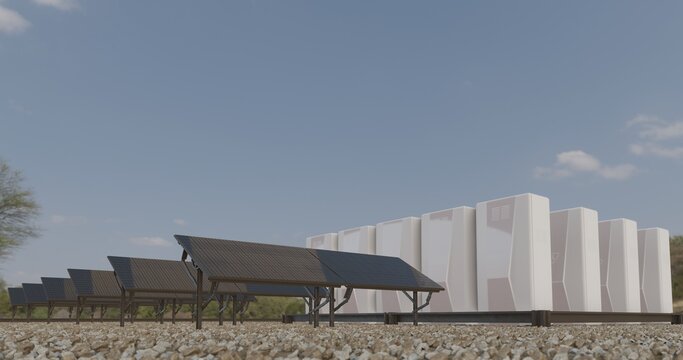 Concept energetic technology. Dawn of new renewable energy technologies. Modern, aesthetic, and efficient dark solar panel panels, a modular battery energy storage system in warm light. 3D rendering