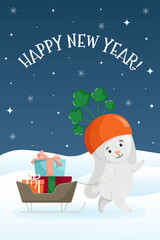 New Year's card with cute Rabbit and sled with gifts, cartoon style, vector