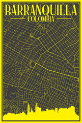Black and yellow vintage hand-drawn printout streets network map of the downtown BARRANQUILLA, COLOMBIA with highlighted city skyline and lettering