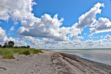 lonely beach in the Baltic Sea with clouds and blue sky