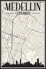 Fototapeta premium White vintage hand-drawn printout streets network map of the downtown MEDELLIN, COLOMBIA with highlighted city skyline and lettering