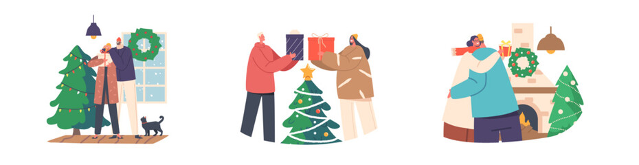 Set Young Couple Celebrate Christmas Holiday Giving, Unpacking Gifts and Hugging near Fir Tree, Vector Illustration