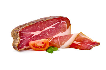 Italian prosciutto crudo or spanish jamon. Jerked meat, isolated on white background.