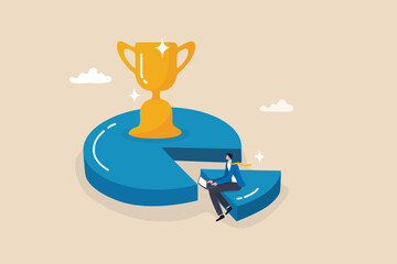 Pareto principle, 80 to 20 rule or work efficiency, minimal effort for big outcome, productivity to generate great result concept, businessman working on 20 percent pie chart with trophy on 80 part.