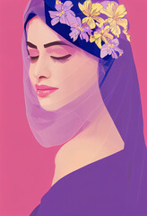 Illustration of a muslim woman with closed eyes in facets style.