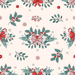 Retro Groovy Christmas festive winter holidays seamless pattern digital paper repeating background for wrapping paper, stationery, fabric,wallpaper