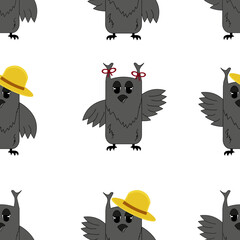 Seamless pattern with owls. A set with owls with red bows and a yellow panama hat on a white background.