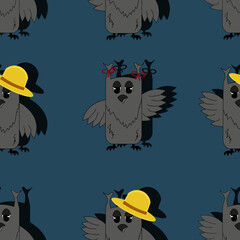 Seamless pattern with owls. A set with owls with red bows and a yellow panama hat on a blue background.