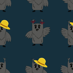 Seamless pattern with owls. A set with owls with red bows and a yellow panama hat on a blue background.