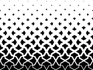 Geometric pattern of black figures on a white background. Seamless in one direction.SCALE method