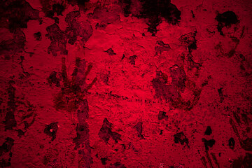 Creepy red blood background with cracks and hand print. suitable for horror or criminal designs - obrazy, fototapety, plakaty