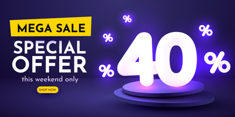 40 percent Off. Discount creative composition. 3d sale symbol with decorative objects. Sale banner and poster.