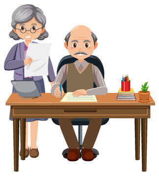 Working space with senior couple cartoon character