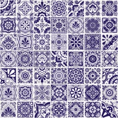 Gordijnen Mexican talavera tiles vector seamless pattern- big 49 different navy blue design set, perfect for wallpaper, textile or fabric print  © redkoala