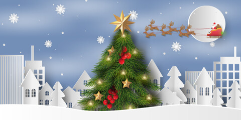 Merry Christmas and happy new year. Christmas tree with Santa Claus and reindeer in winter season.	