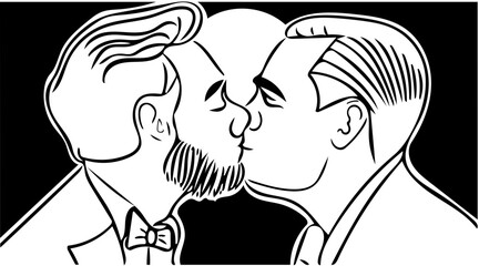 Gay men kiss.  They wear suits.  The moon shines in the background.  Outline for coloring.  Vector.