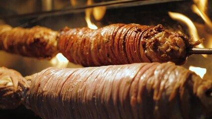 Turkish or Albanian dish Kokorec, made of sheep bowel, lamb intestines cooked in fired oven, slow motion, close up