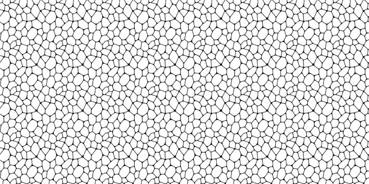 Black and white voronoi seamless patterns vector set. Irregular shapes repeated backdrop for web tiles, science and interior designs. line polygonal cells template background.