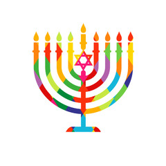 Hanukkah menorah, colored stained glass emblem with David star. Jewish holiday - Happy Hanukka greeting card with traditional Chanukah colorful symbol candles. Vector illustration