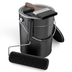 Open metal can with paint roller and bristle brush on white background.