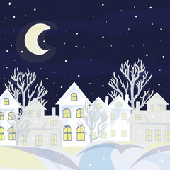 Obraz na płótnie Canvas Christmas night landscape with houses and moon. Winter background. For design flyer, banner, poster, invitation