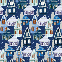 Christmas background with houses. Seamless pattern. For greeting cards, wrapping papers.