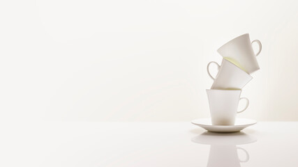 Three white porcelain coffee cups on a white table with reflection. Coffee white composition with copy space. Vertical format, soft focus