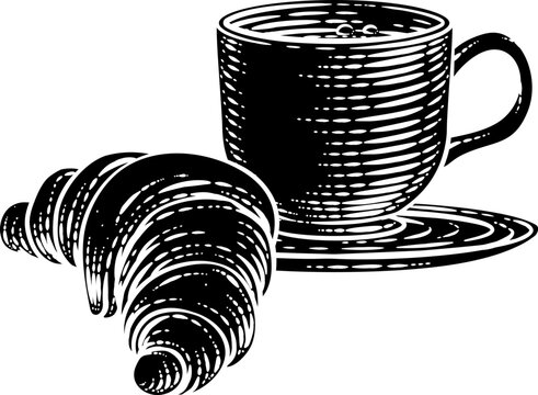 recommend clip art: A croissant and coffee or tea cup mug in a vintage woodcut retro etching style