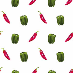 Red Hot Chili and green paprika Seamless pattern. Hand drawn Spicy mexican pepper and vegetable.