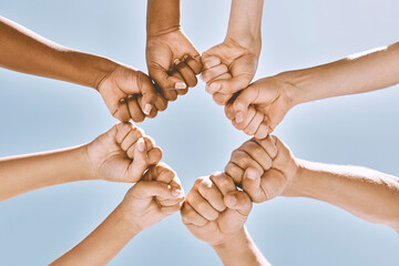 Support, trust and solidarity fist hands circle with low angle for loyalty, mission and friends...